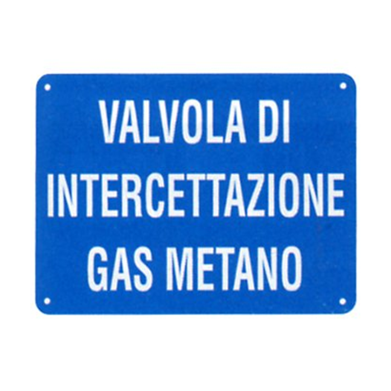 CARTELLO SEGNALETICO VALVOLA INTERCETTAZIONE GAS METANO CENTRALE TERMICA BLU