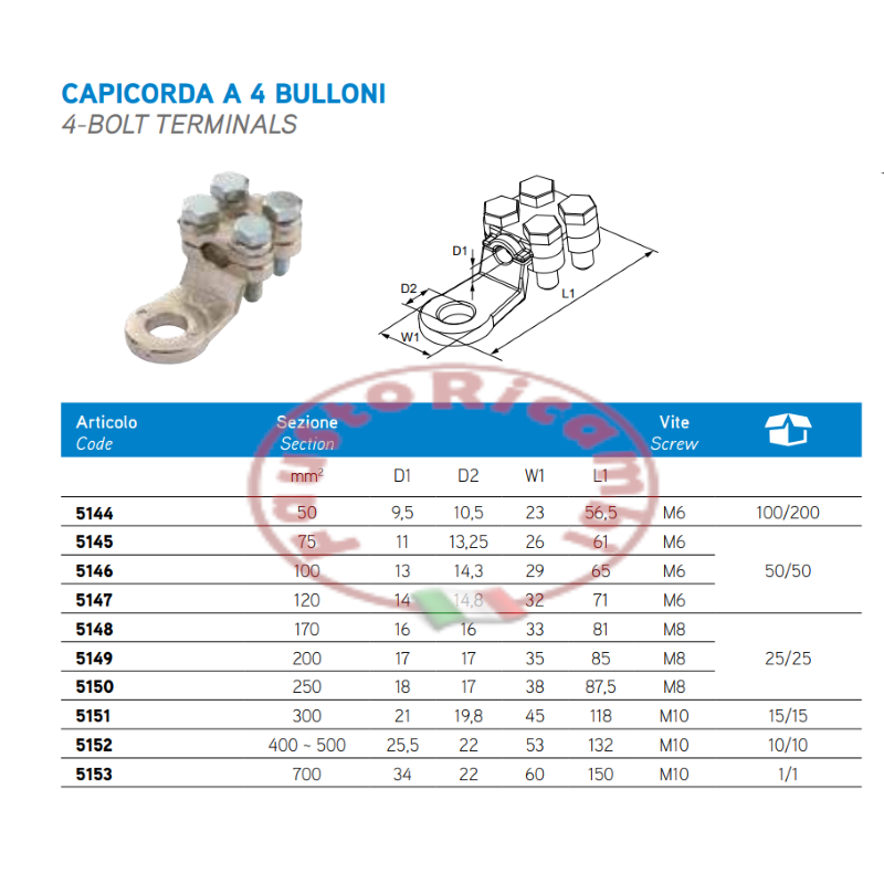 TERMINAL DE TORNILLO DE ACERO TERMINAL Ø 75 mm MMQ V14 CABLE ELÉCTRICO FOTOVOLTAICO