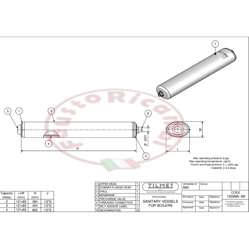 VASE D'EXPANSION ZILMET LT 4 Ø 1/2 COMPATIBLE UNICAL 95000190 HERMANN 160564004 RIELLO 4050412 VAILLANT 181087