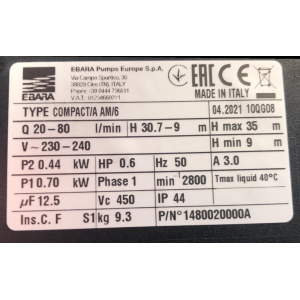 BOMBA ELÉCTRICA EBARA BOMBA COMPACTA A / M6