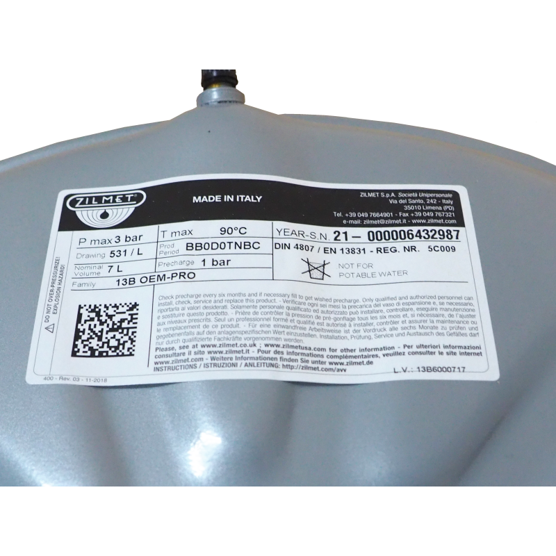 VASE D'EXPANSION 7 LITRES Ø mm 387 X 60 mm H Ø 3/8 COMPATIBLE AVEC FERROLI 36801770 39822000