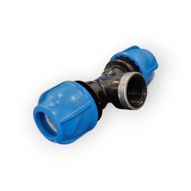 TÉ FEMELLE À COMPRESSION POLYÉTHYLÈNE 90° AVEC SORTIE FILETÉE 20X1/2