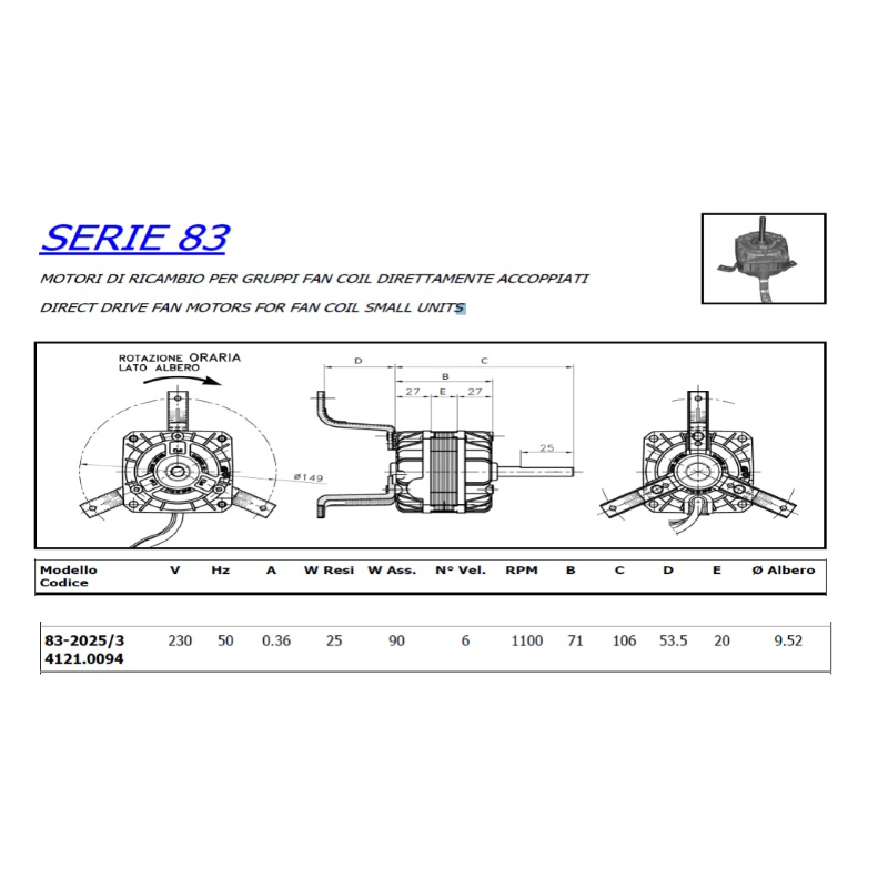 EUROMOTORS MOTORE ELETTRICO VENTILATORE 83-2025/3 230V PER VENTILCONVETTORI