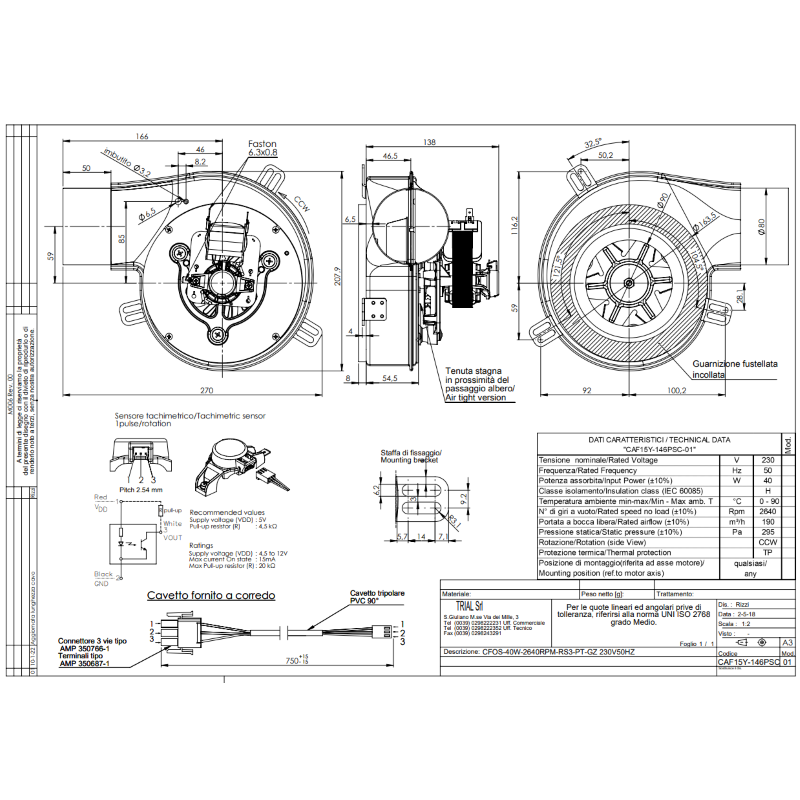 TRIAL CAF15Y-146PSC VENTILADOR CENTRÍFUGO 230V 40W Ø 80 MM 190 M3/H PARA ESTUFA DE PELLETS
