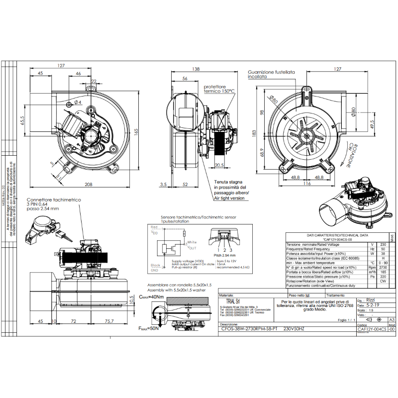 TRIAL CAF12Y-004CS VENTILATORE CENTRIFUGO 230V 38W Ø 80 MM PER STUFA A PELLET  