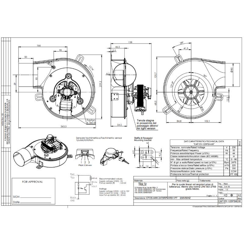 VENTILATEUR CENTRIFUGE TRIAL CAF15Y-125PSH 230V 44W AVEC CAPTEUR TACHYMÉTRIQUE