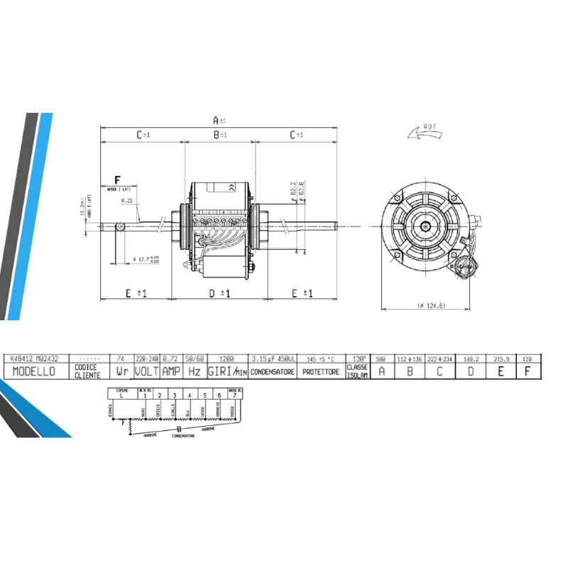 SISME MOTORE BIALBERO K48412 M02432 K48412MO2432 220V PER VENTILCONVETTORE 