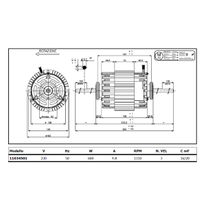 MOTEUR VENTILATEUR BOBINE ARBRE DOUBLE 2 RPM 1310 600 W 3 VITESSES 11034501