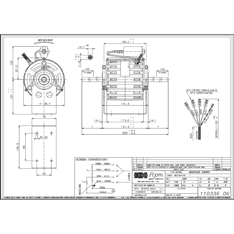 Motore elettrico RPM 11033606 230V 50Hz di ricambio per ventilazione/aspirazione impianti RPM