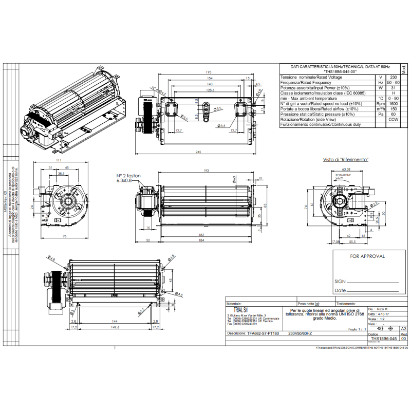 TRIAL THS18B6-045 LEFT TANGENTIAL FAN 230V 31W 150 M3/H FOR PELLET STOVE
