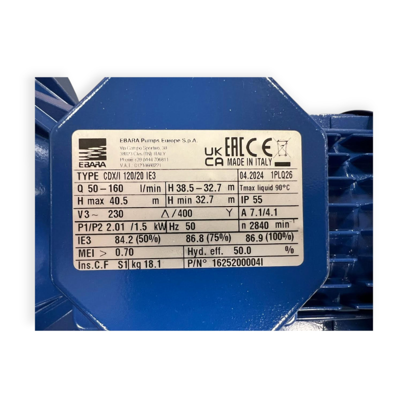 Bomba centrífuga trifásica Ebara CDX/I 120/20 1625200004I Bomba de agua limpia 3~ para instalaciones civiles e industriales