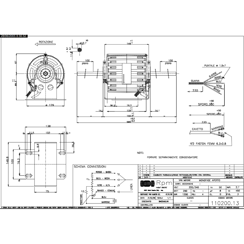 Single-phase electric motor RPM 11020013 220-240V 250W 1200 rpm 4 poles with 8µF capacitor