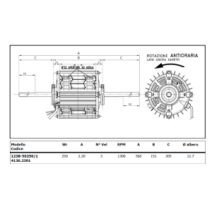 Euromotors 123B-50250/1 Fan Motor 250W 3 Speeds 1300 RPM Double Shaft