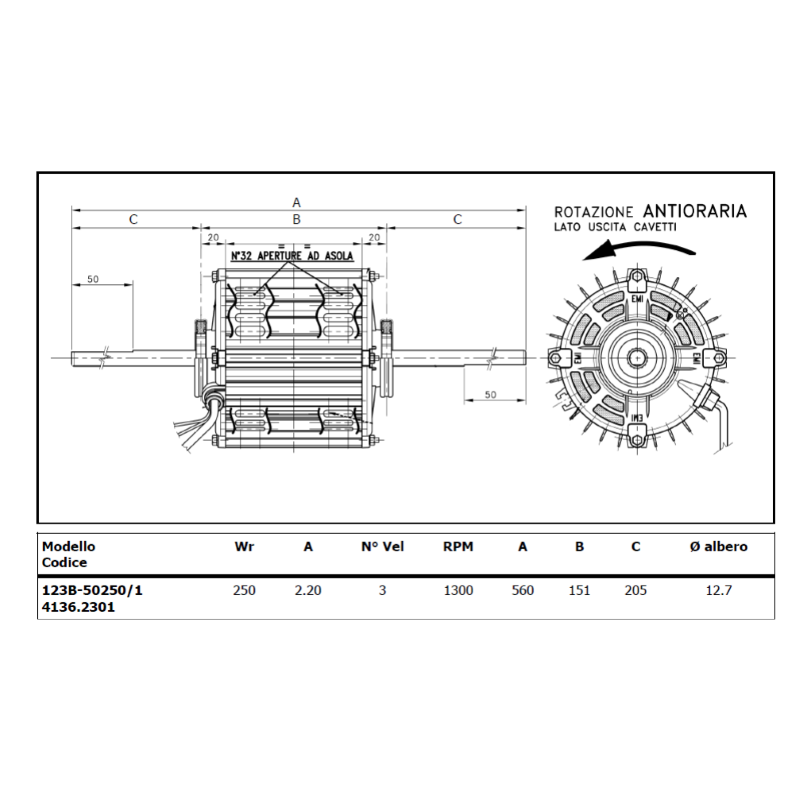 Euromotors 123B-50250/1 Fan Motor 250W 3 Speeds 1300 RPM Double Shaft