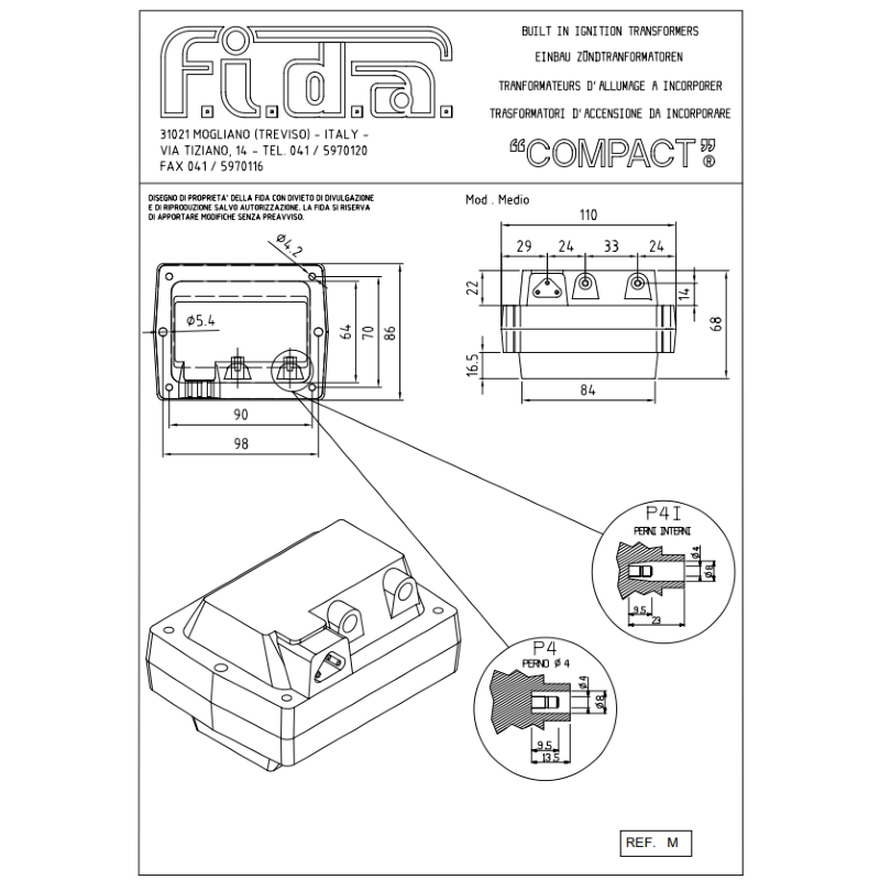 Trasformatore Alta Tensione FIDA Compact 8/20 cm 2x4kV 20mA 230V per bruciatore