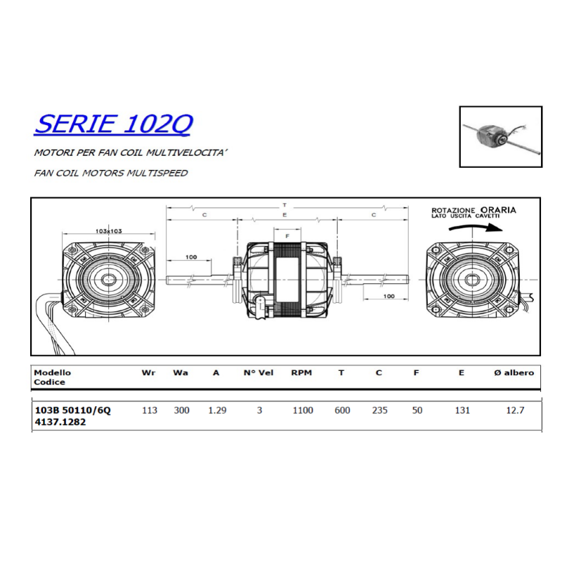 EUROMOTORS 103B 50110/6Q MOTORE VENTILATORE FAN COIL 3 VELOCITÀ 1100 RPM ALBERO Ø12,7 MM PER VENTILCONVETTORE  