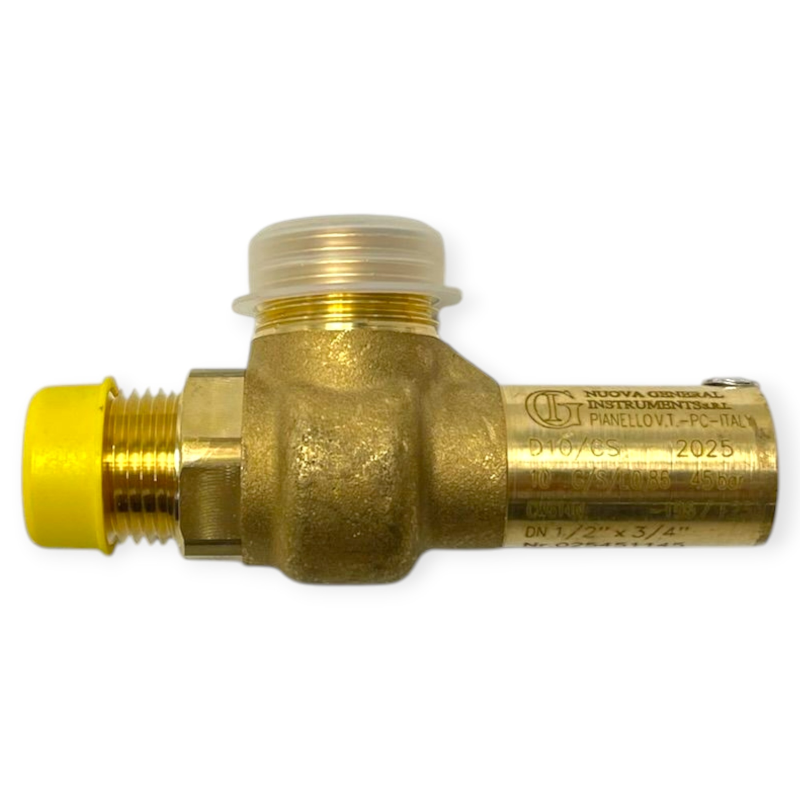 NUOVA GENERAL VD10CS12NPT45 VÁLVULA DE SEGURIDAD LATÓN ENTRADA 1/2 NPT SALIDA 3/4 TARADO 45 BAR PARA REFRIGERACIÓN