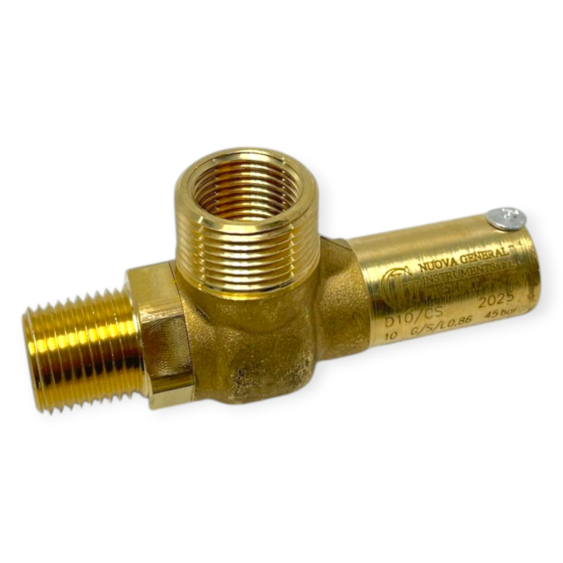 NUOVA GENERAL VD10CS12NPT45 VÁLVULA DE SEGURIDAD LATÓN ENTRADA 1/2 NPT SALIDA 3/4 TARADO 45 BAR PARA REFRIGERACIÓN