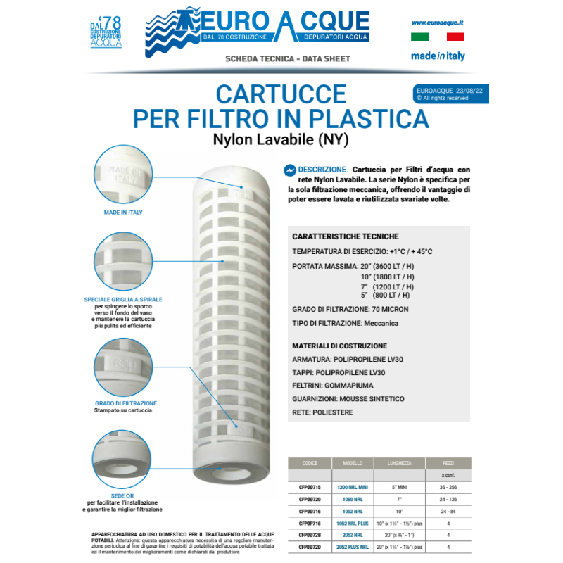 Cartuccia filtrante nylon lavabile 5" Euroacque CFP00715 1200 NRL MINI 70 micron