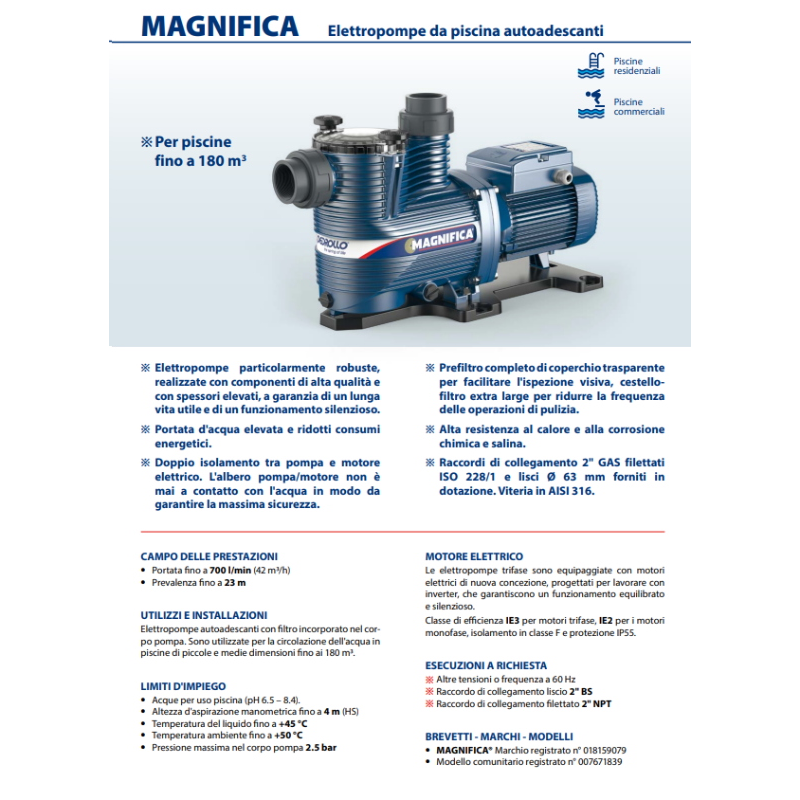 PEDROLLO 43MA011A1 POMPA PISCINA AUTOADESCANTE 0,75HP 230V MONOFASE 21M3/H PER PISCINE