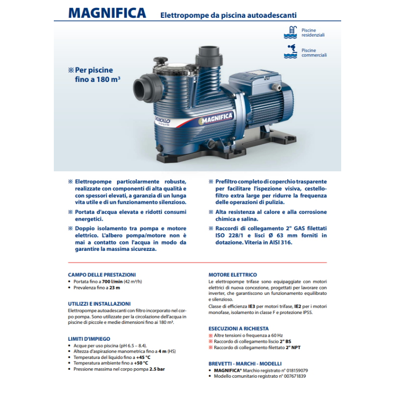 PEDROLLO 43MA041A1 MAGNIFICA 4M POMPA PISCINA AUTOADESCANTE 1,5HP 230V MONOFASE
