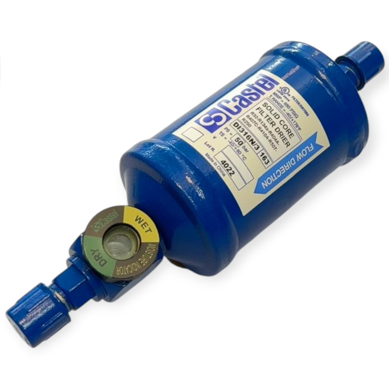 CASTEL DI316N/3 FILTRE DÉSHYDRATEUR AVEC INDICATEUR D’HUMIDITÉ 3/8" SAE FLARE 50 BAR POUR RÉFRIGÉRATION