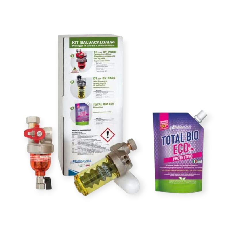EUROACQUE KITSALV4 KIT SALVACALDAIA 4 DEFANGATORE T3 BYPASS + DOSATORE POLIFOSFATI DT + FILMANTE XS TOTAL BIO ECO PER CALDAIA