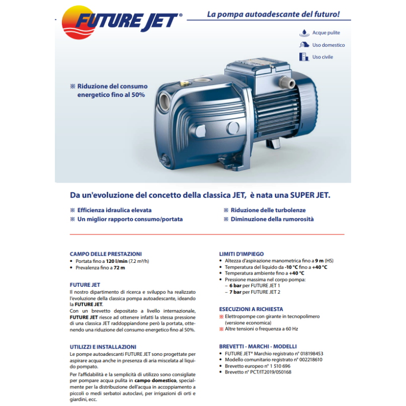 PEDROLLO 46FJ001BA1 FUTURE JETM 1B ELETTROPOMPA AUTOADESCANTE 0,65 HP PER AUTOCLAVE E IRRIGAZIONE