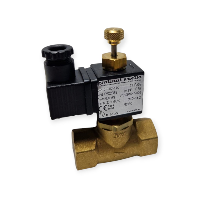 WATTS EVO20/6B ELETTROVALVOLA GAS 3/4" 230V CON RIARMO MANUALE NORMALMENTE CHIUSA  