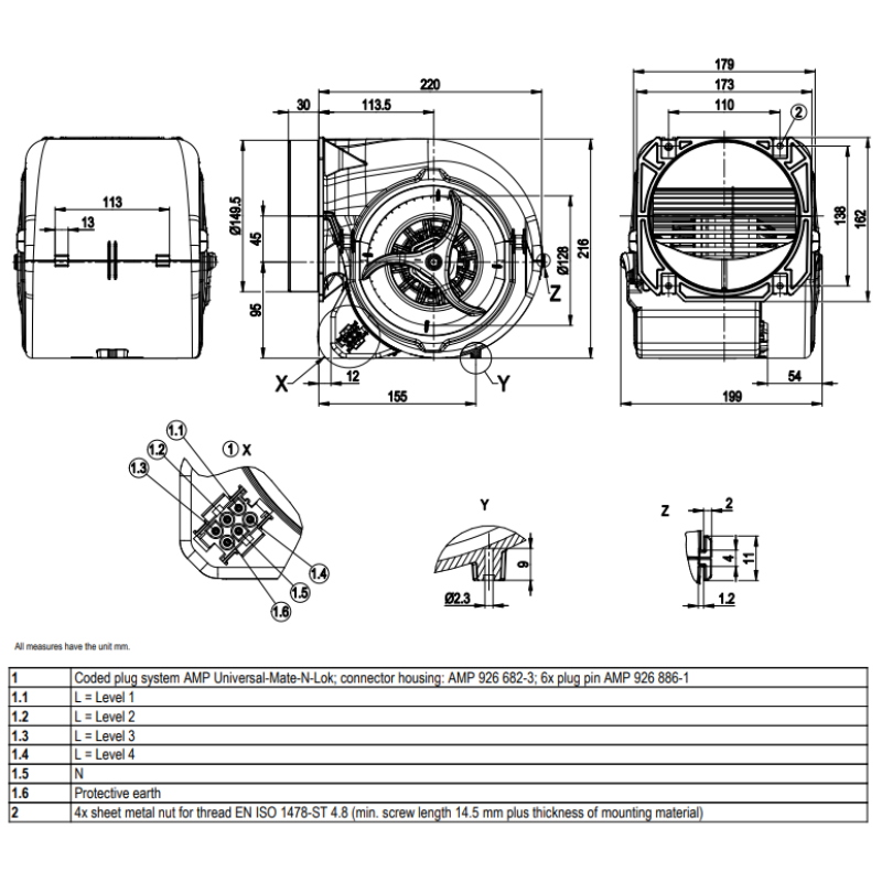 EBMPAPST D2E146-HT59-02 VENTILATEUR CENTRIFUGE À DOUBLE ASPIRATION 146 MM 230V 320W 1600 RPM