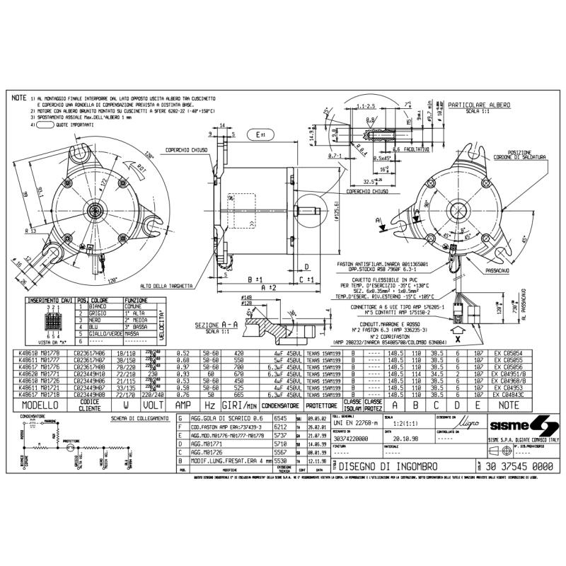 MOTORE VENTILATORE ELETTROVENTILATORE SISME K48617 M01776 700 GIRI/MIN 220-240V 0,97A PER VENTILCONVETTORE